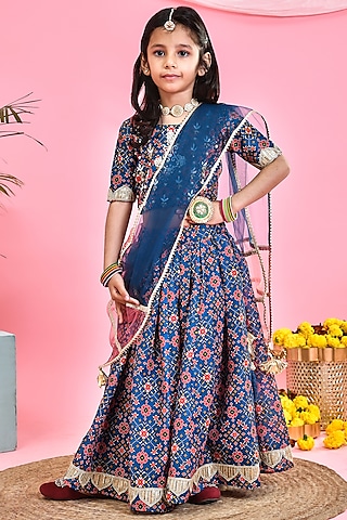 Blue Chanderi Patola Printed Lehenga Set For Girls by Yuvrani Jaipur Kidswear