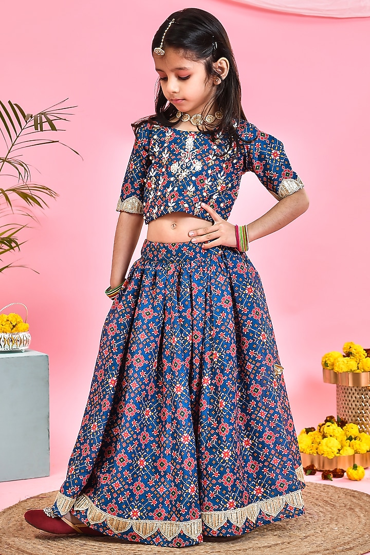 Blue Chanderi Patola Printed Lehenga Set For Girls by Yuvrani Jaipur Kidswear at Pernia's Pop Up Shop
