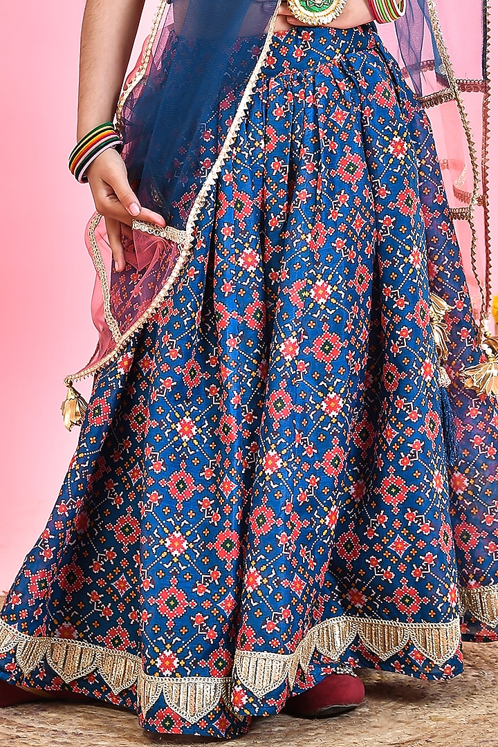 Blue Chanderi Patola Printed Lehenga Set For Girls by Yuvrani Jaipur Kidswear at Pernia's Pop Up Shop