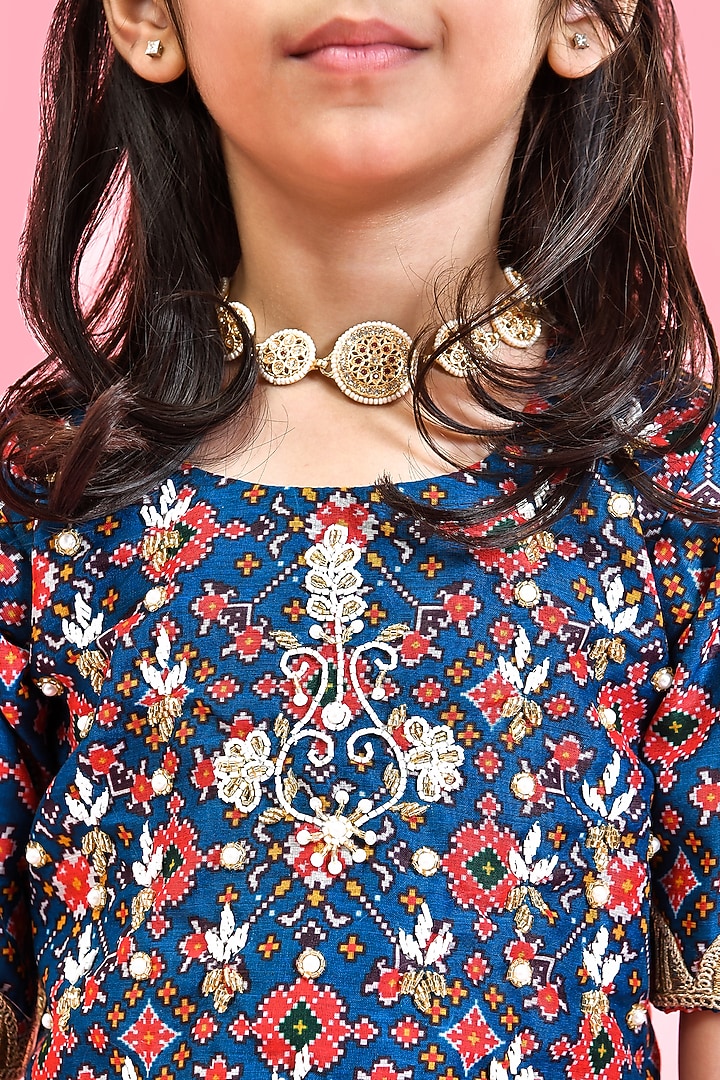 Blue Chanderi Patola Printed Lehenga Set For Girls by Yuvrani Jaipur Kidswear at Pernia's Pop Up Shop
