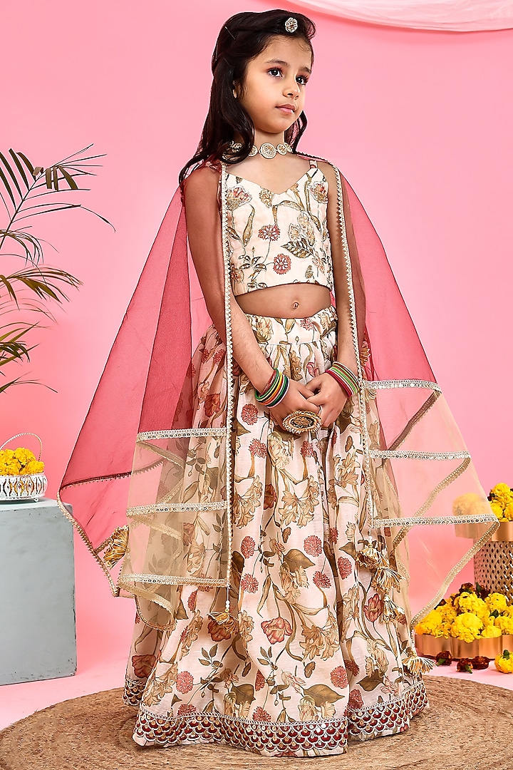 Multi-Colored Chanderi Floral Printed Lehenga Set For Girls by Yuvrani Jaipur Kidswear