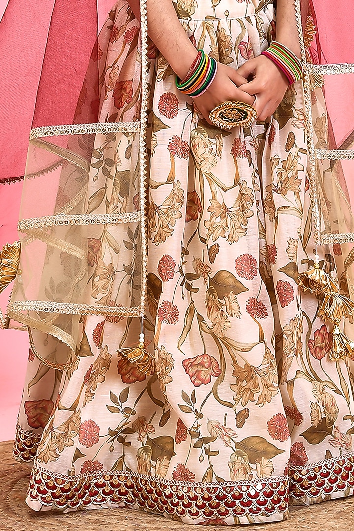 Multi-Colored Chanderi Floral Printed Lehenga Set For Girls by Yuvrani Jaipur Kidswear at Pernia's Pop Up Shop