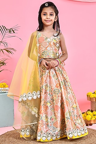 Multi-Colored Silk Floral Printed Lehenga Set For Girls by Yuvrani Jaipur Kidswear