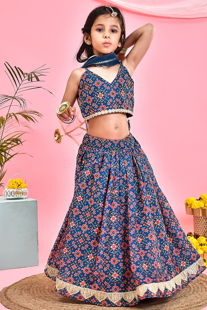 Blue Chanderi Patola Printed Lehenga Set For Girls by Yuvrani Jaipur Kidswear