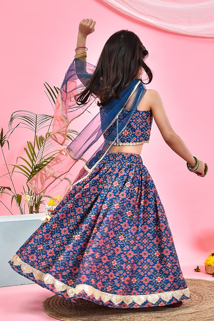Blue Chanderi Patola Printed Lehenga Set For Girls by Yuvrani Jaipur Kidswear at Pernia's Pop Up Shop
