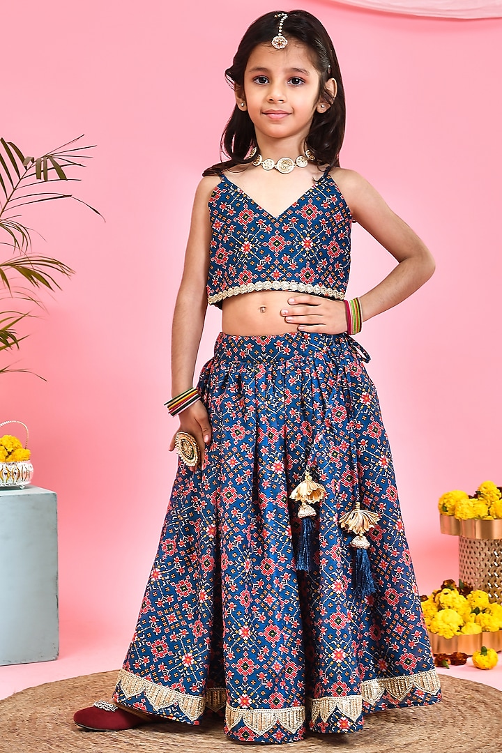 Blue Chanderi Patola Printed Lehenga Set For Girls by Yuvrani Jaipur Kidswear at Pernia's Pop Up Shop
