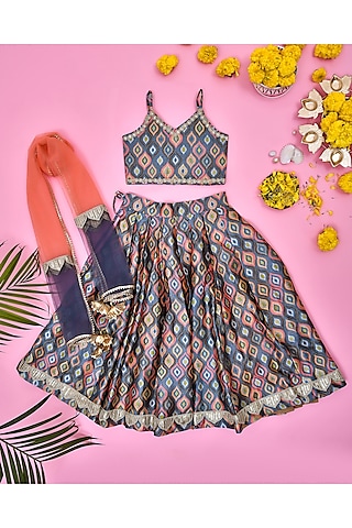 Multi-Colored Silk Floral Printed Lehenga Set For Girls by Yuvrani Jaipur Kidswear
