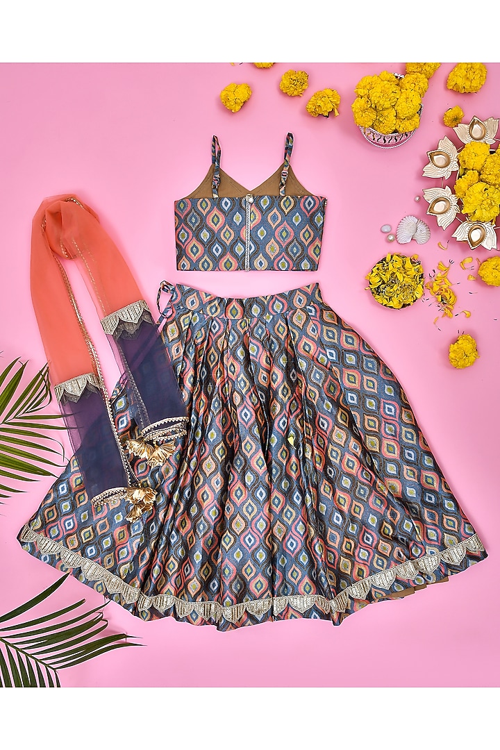 Multi-Colored Silk Floral Printed Lehenga Set For Girls by Yuvrani Jaipur Kidswear at Pernia's Pop Up Shop