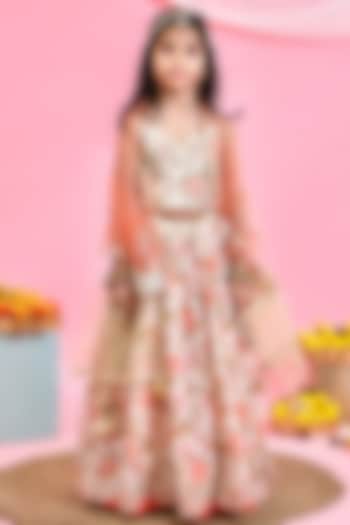 Beige Chanderi Floral Printed Lehenga Set For Girls by Yuvrani Jaipur Kidswear