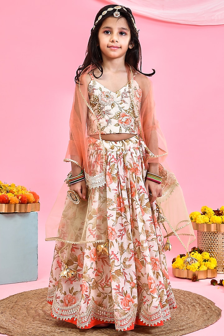 Beige Chanderi Floral Printed Lehenga Set For Girls by Yuvrani Jaipur Kidswear