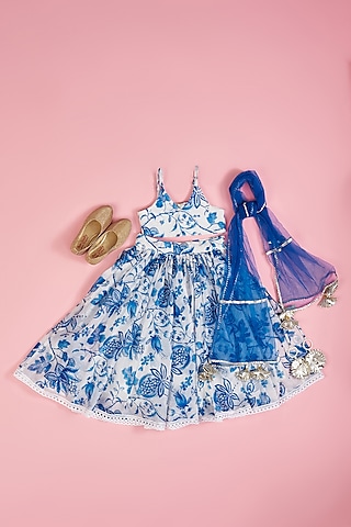 Ivory & Royal Blue Chanderi Floral Printed Lehenga Set For Girls by Yuvrani Jaipur Kidswear