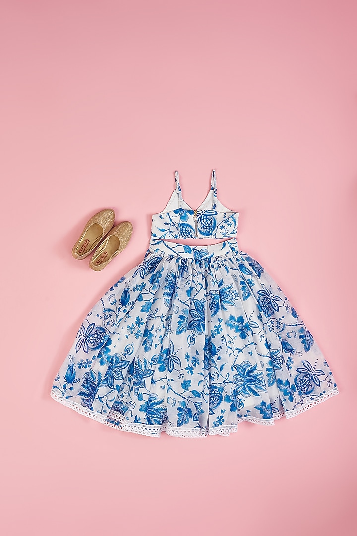 Ivory & Royal Blue Chanderi Floral Printed Lehenga Set For Girls by Yuvrani Jaipur Kidswear at Pernia's Pop Up Shop