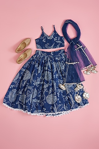 Blue Chanderi Floral Printed Lehenga Set For Girls by Yuvrani Jaipur Kidswear