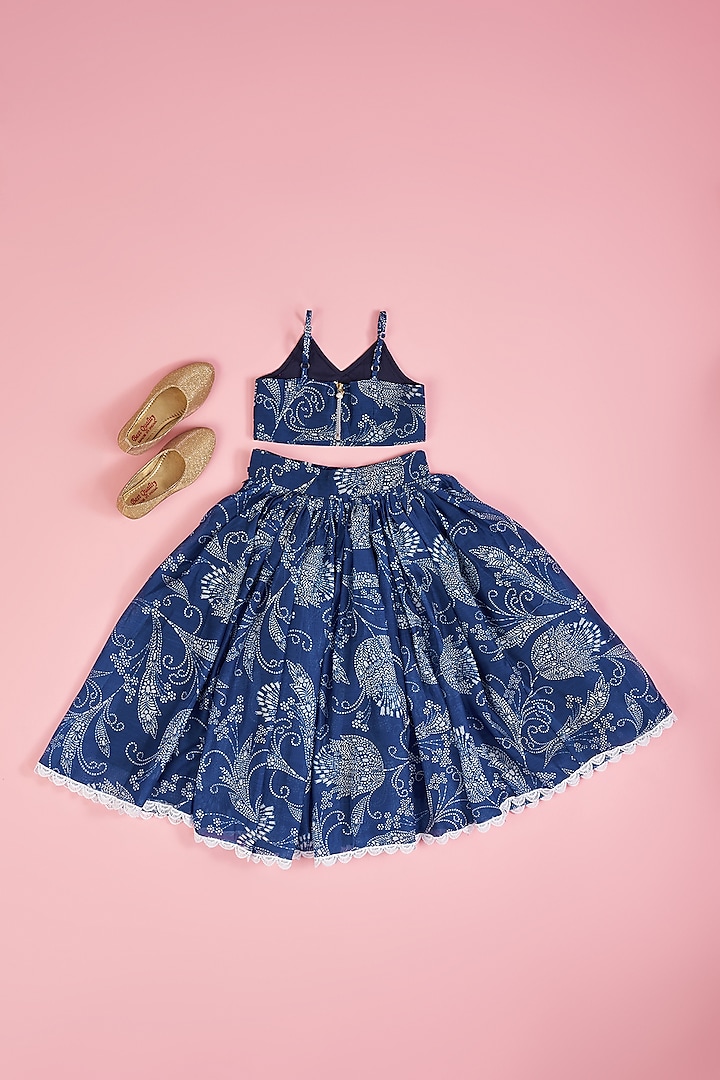 Blue Chanderi Floral Printed Lehenga Set For Girls by Yuvrani Jaipur Kidswear at Pernia's Pop Up Shop