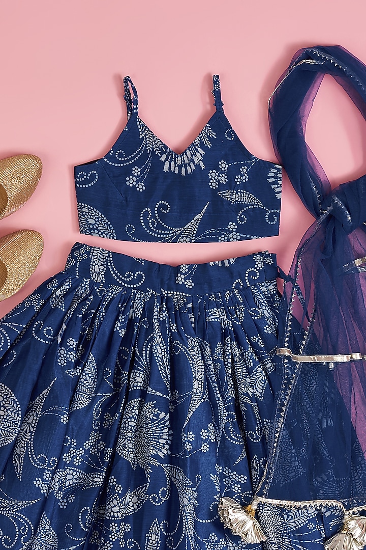Blue Chanderi Floral Printed Lehenga Set For Girls by Yuvrani Jaipur Kidswear at Pernia's Pop Up Shop