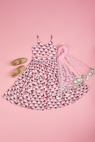 Pink Muslin Hand Block Printed Lehenga Set For Girls by Yuvrani Jaipur Kidswear