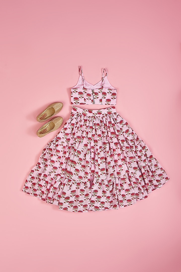 Pink Muslin Hand Block Printed Lehenga Set For Girls by Yuvrani Jaipur Kidswear at Pernia's Pop Up Shop