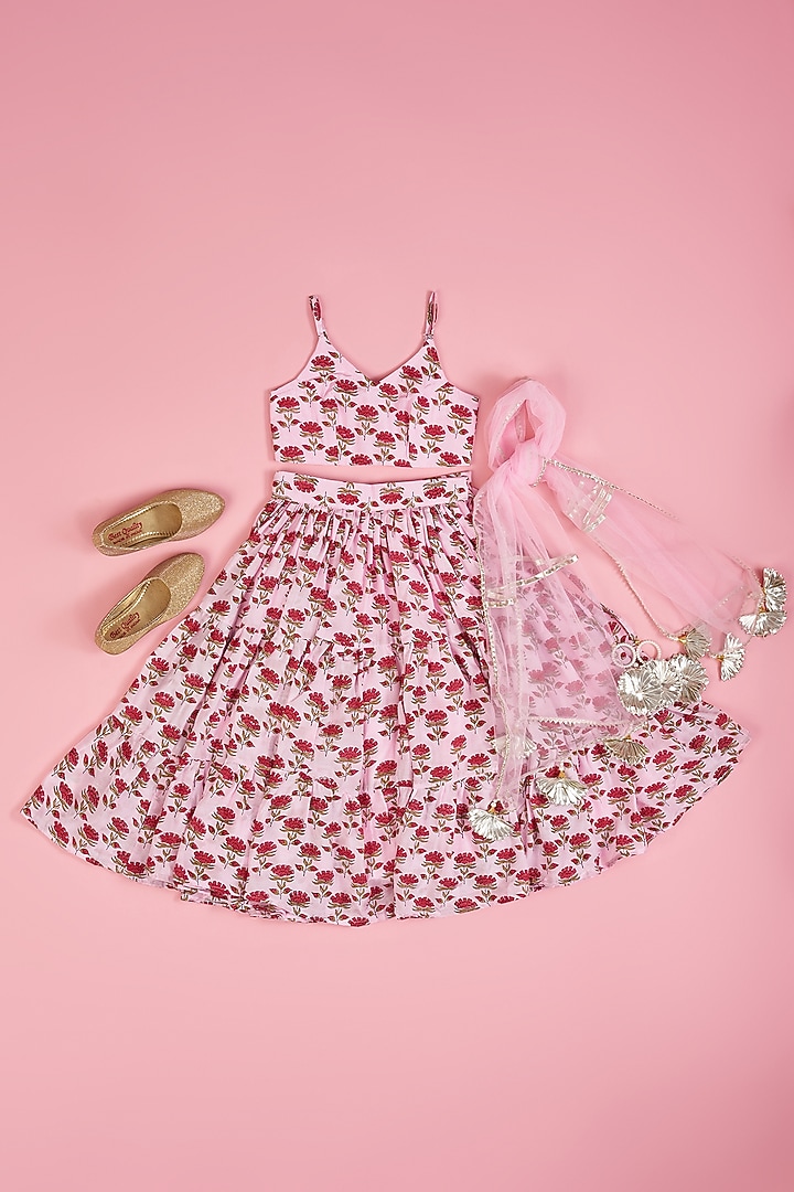 Pink Muslin Hand Block Printed Lehenga Set For Girls by Yuvrani Jaipur Kidswear at Pernia's Pop Up Shop