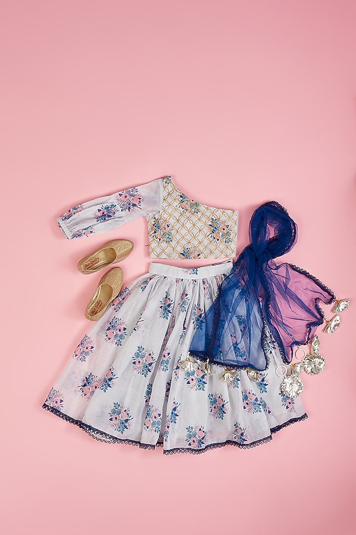 Powder Blue Chanderi Flared Lehenga Set For Girls by Yuvrani Jaipur Kidswear at Pernia's Pop Up Shop