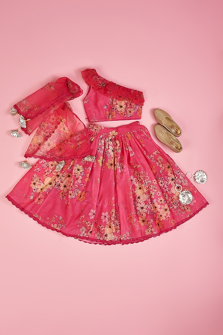 Hot Pink Chanderi Flared Lehenga Set For Girls by Yuvrani Jaipur Kidswear