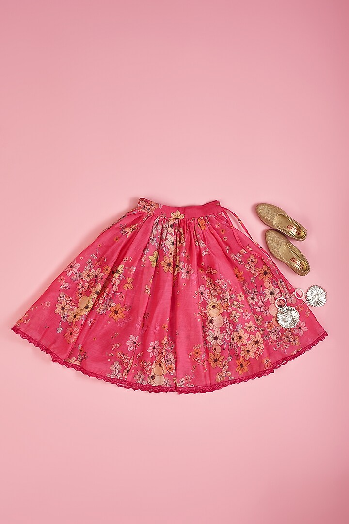 Hot Pink Chanderi Flared Lehenga Set For Girls by Yuvrani Jaipur Kidswear at Pernia's Pop Up Shop