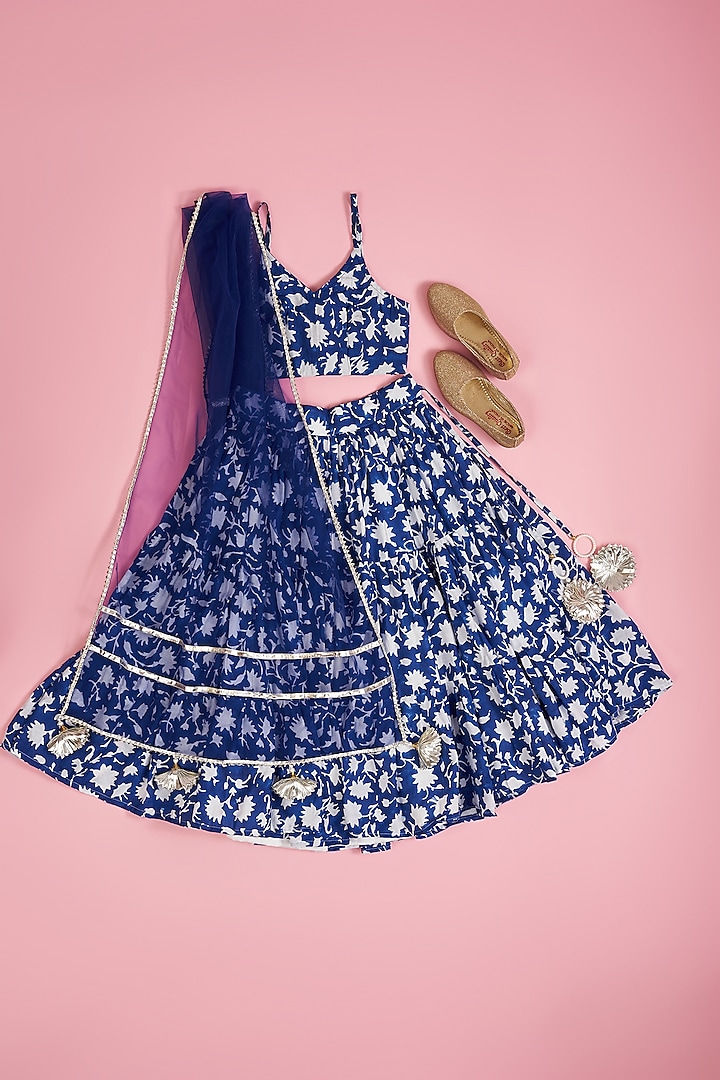 Blue Muslin Hand Block Printed Lehenga Set For Girls by Yuvrani Jaipur Kidswear