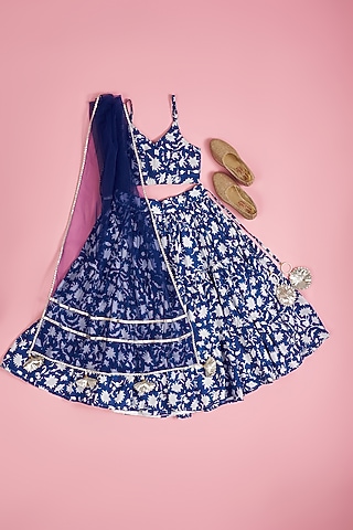 Blue Muslin Hand Block Printed Lehenga Set For Girls by Yuvrani Jaipur Kidswear