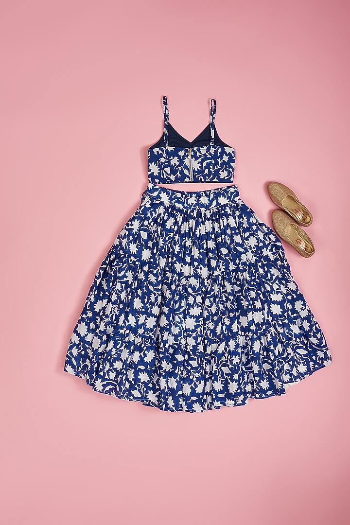 Blue Muslin Hand Block Printed Lehenga Set For Girls by Yuvrani Jaipur Kidswear at Pernia's Pop Up Shop