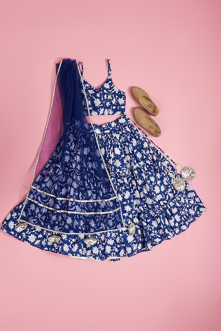 Blue Muslin Hand Block Printed Lehenga Set For Girls by Yuvrani Jaipur Kidswear at Pernia's Pop Up Shop