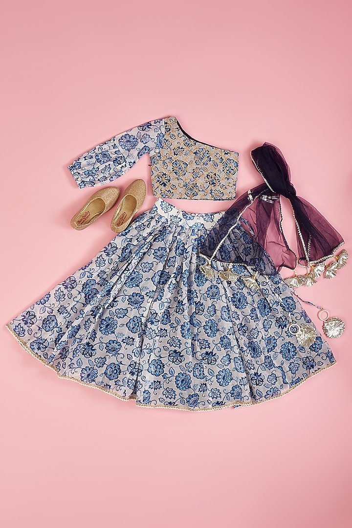 Powder Blue Chanderi Flared Lehenga Set For Girls by Yuvrani Jaipur Kidswear at Pernia's Pop Up Shop