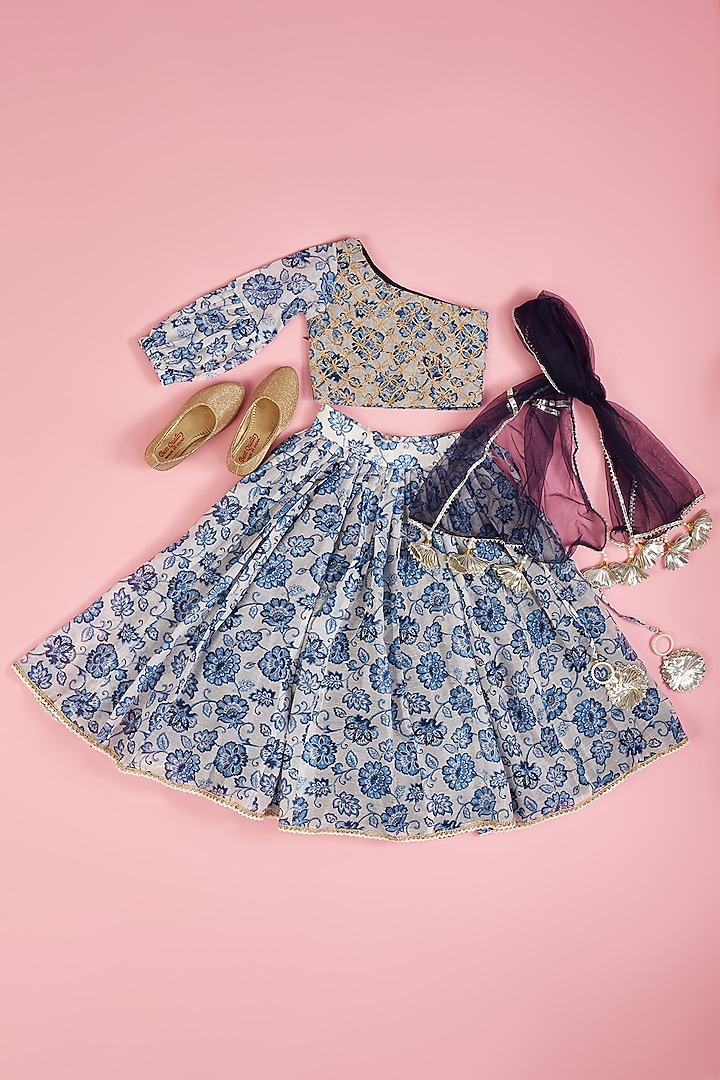 Powder Blue Chanderi Flared Lehenga Set For Girls by Yuvrani Jaipur Kidswear at Pernia's Pop Up Shop
