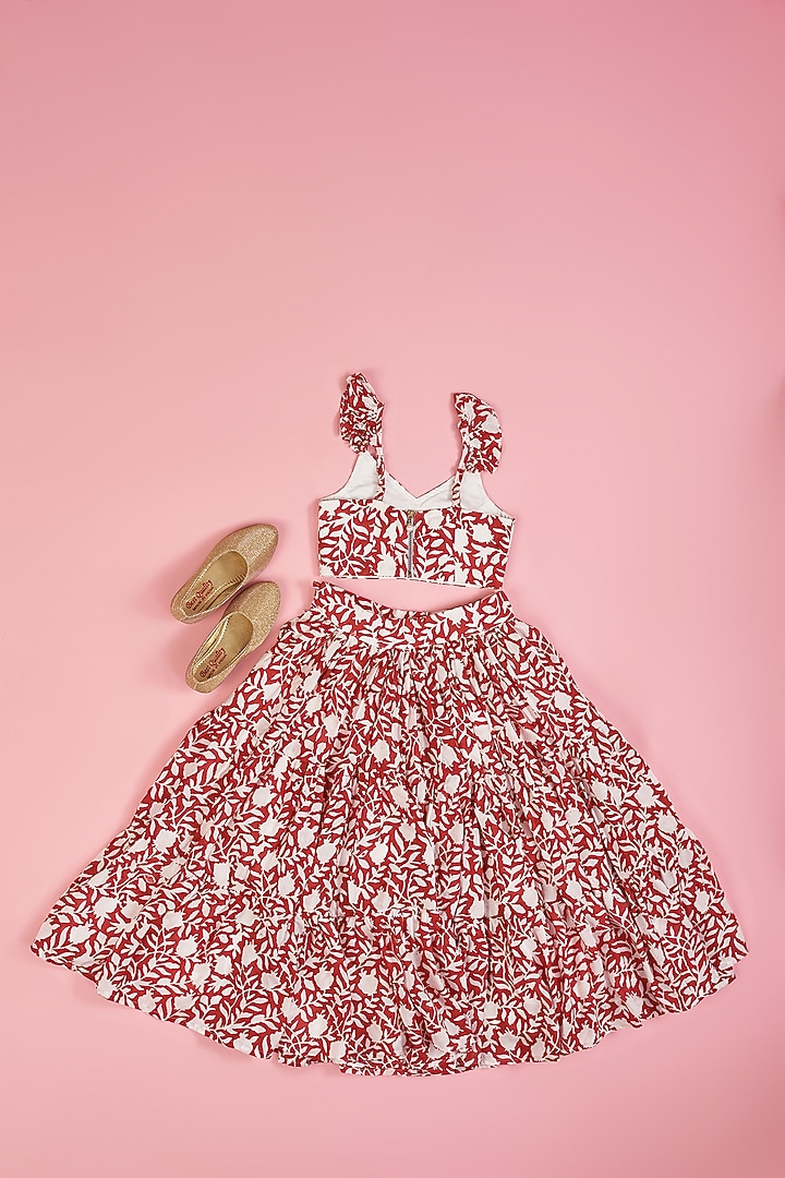 Ivory & Red Muslin Hand Block Printed Layered Lehenga Set For Girls by Yuvrani Jaipur Kidswear at Pernia's Pop Up Shop