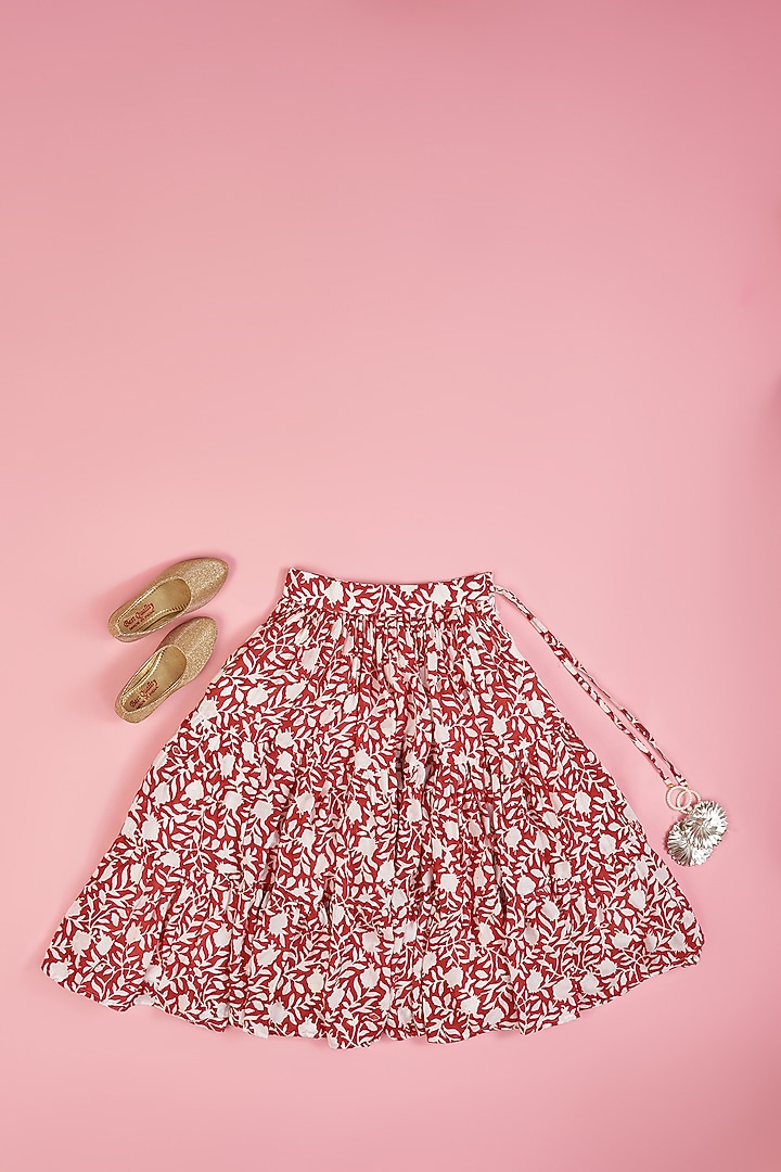 Ivory & Red Muslin Hand Block Printed Layered Lehenga Set For Girls by Yuvrani Jaipur Kidswear at Pernia's Pop Up Shop