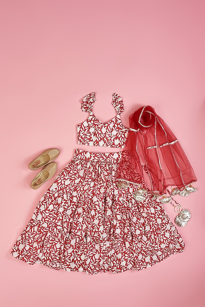 Ivory & Red Muslin Hand Block Printed Layered Lehenga Set For Girls by Yuvrani Jaipur Kidswear at Pernia's Pop Up Shop