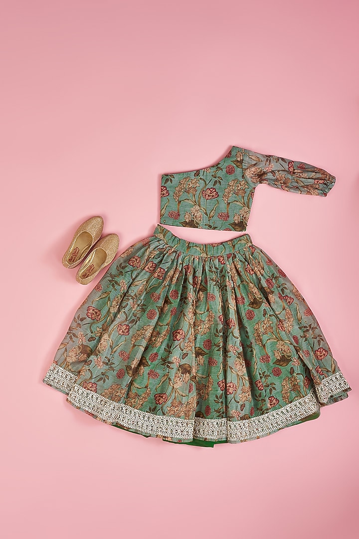 Mint Green Chanderi Flared Lehenga Set For Girls by Yuvrani Jaipur Kidswear at Pernia's Pop Up Shop