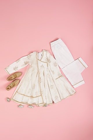 Ivory Muslin Angrakha Anarkali Set For Girls by Yuvrani Jaipur Kidswear