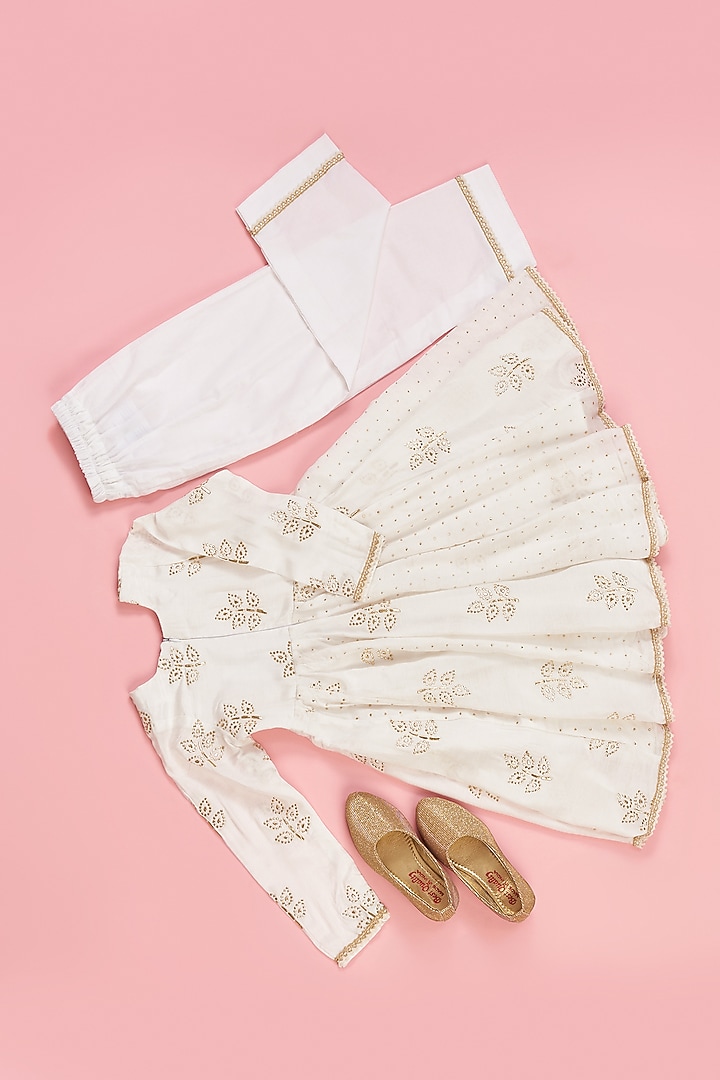 Ivory Muslin Angrakha Anarkali Set For Girls by Yuvrani Jaipur Kidswear at Pernia's Pop Up Shop