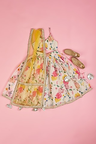 Multi-Colored Chanderi Floral Printed Lehenga Set for Girls by Yuvrani Jaipur Kidswear