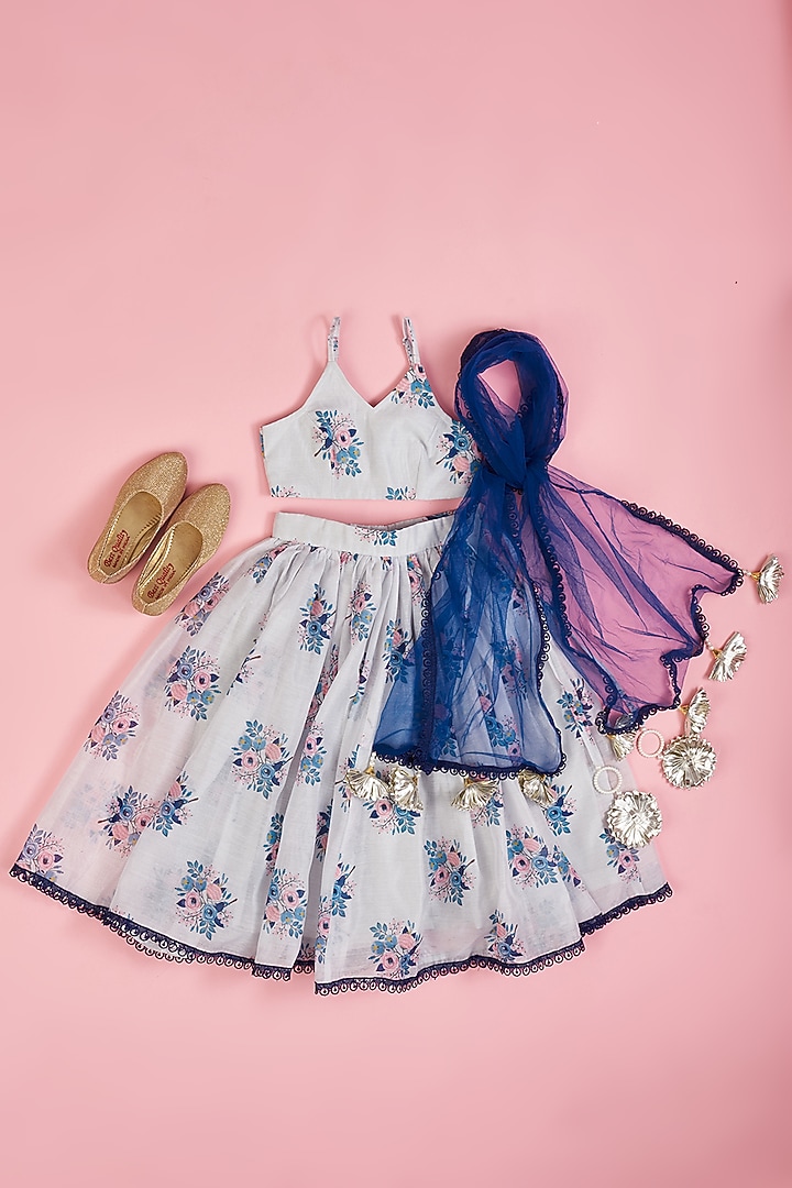 Powder Blue Chanderi Floral Printed Lehenga Set for Girls by Yuvrani Jaipur Kidswear at Pernia's Pop Up Shop