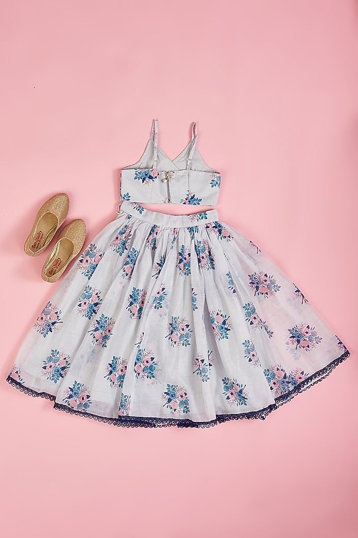 Powder Blue Chanderi Floral Printed Lehenga Set for Girls by Yuvrani Jaipur Kidswear at Pernia's Pop Up Shop