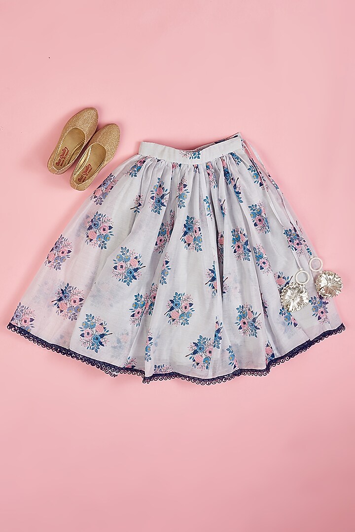 Powder Blue Chanderi Floral Printed Lehenga Set for Girls by Yuvrani Jaipur Kidswear at Pernia's Pop Up Shop
