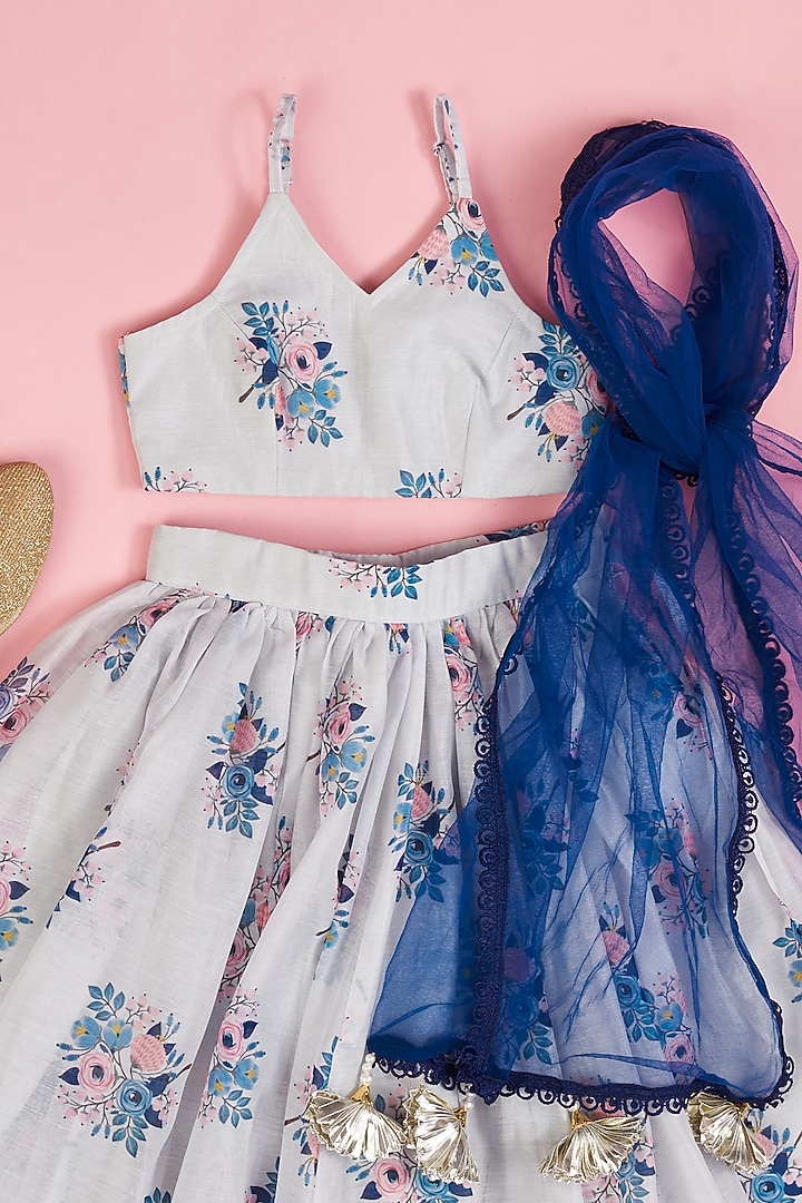 Powder Blue Chanderi Floral Printed Lehenga Set for Girls by Yuvrani Jaipur Kidswear at Pernia's Pop Up Shop