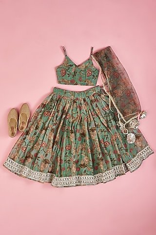 Mint Green Chanderi Printed Floral Lehenga Set for Girls by Yuvrani Jaipur Kidswear