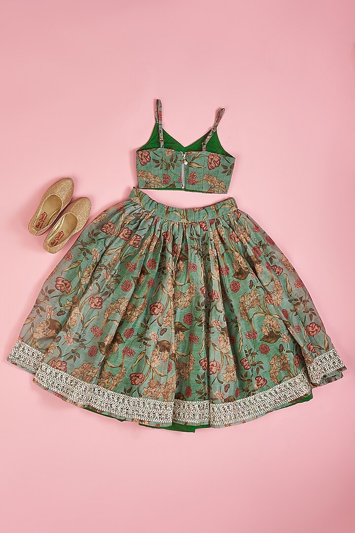 Mint Green Chanderi Printed Floral Lehenga Set for Girls by Yuvrani Jaipur Kidswear at Pernia's Pop Up Shop
