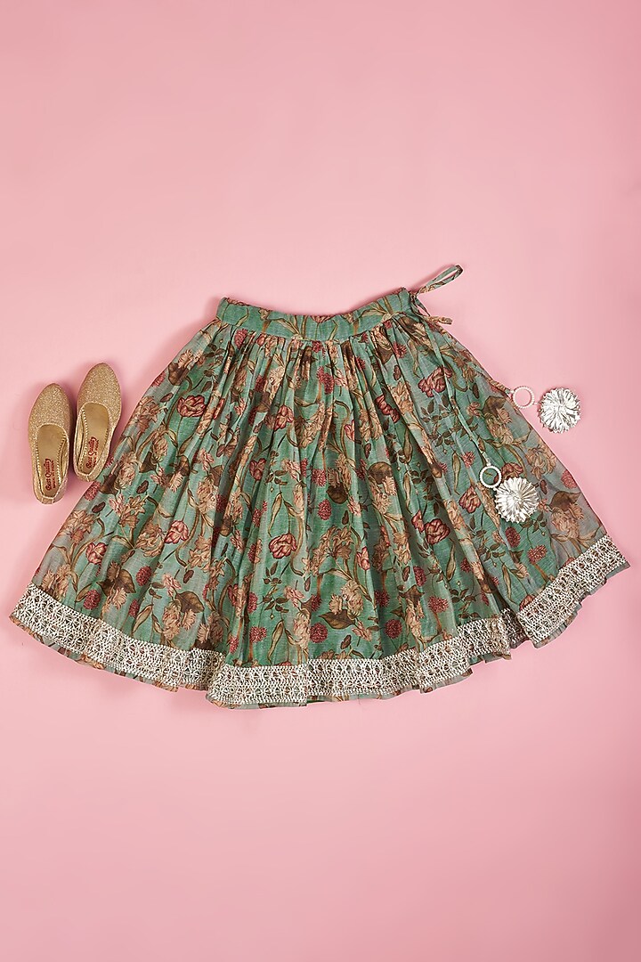 Mint Green Chanderi Printed Floral Lehenga Set for Girls by Yuvrani Jaipur Kidswear at Pernia's Pop Up Shop