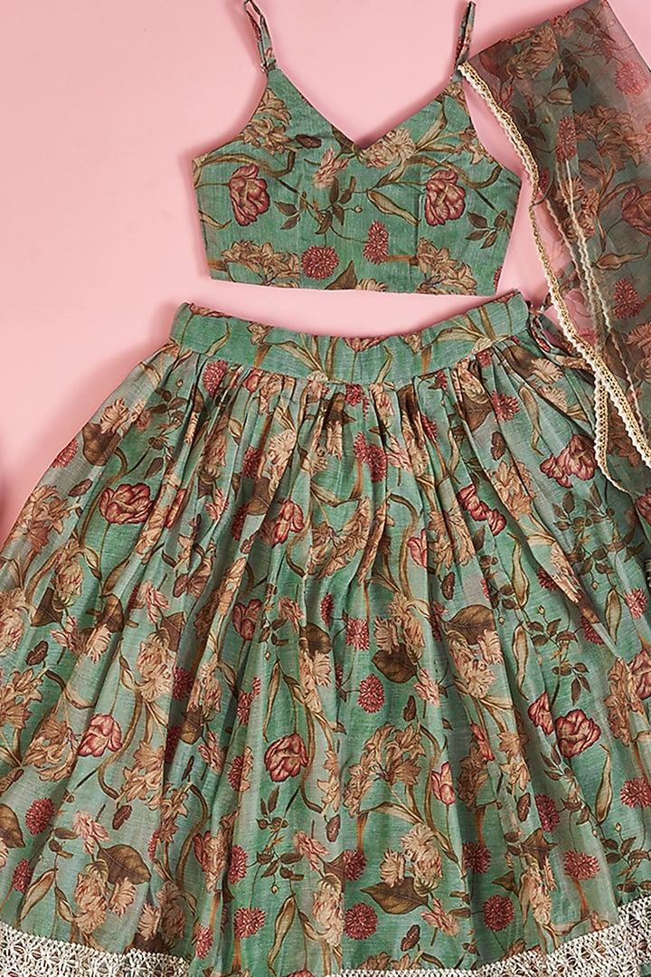 Mint Green Chanderi Printed Floral Lehenga Set for Girls by Yuvrani Jaipur Kidswear at Pernia's Pop Up Shop