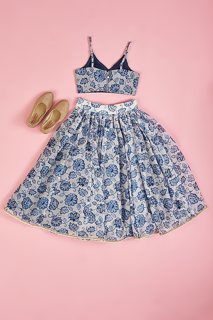 Powder Blue Chanderi Floral Printed Lehenga Set for Girls by Yuvrani Jaipur Kidswear at Pernia's Pop Up Shop