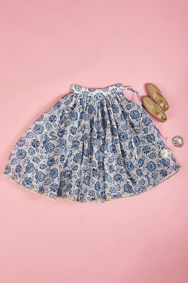Powder Blue Chanderi Floral Printed Lehenga Set for Girls by Yuvrani Jaipur Kidswear at Pernia's Pop Up Shop