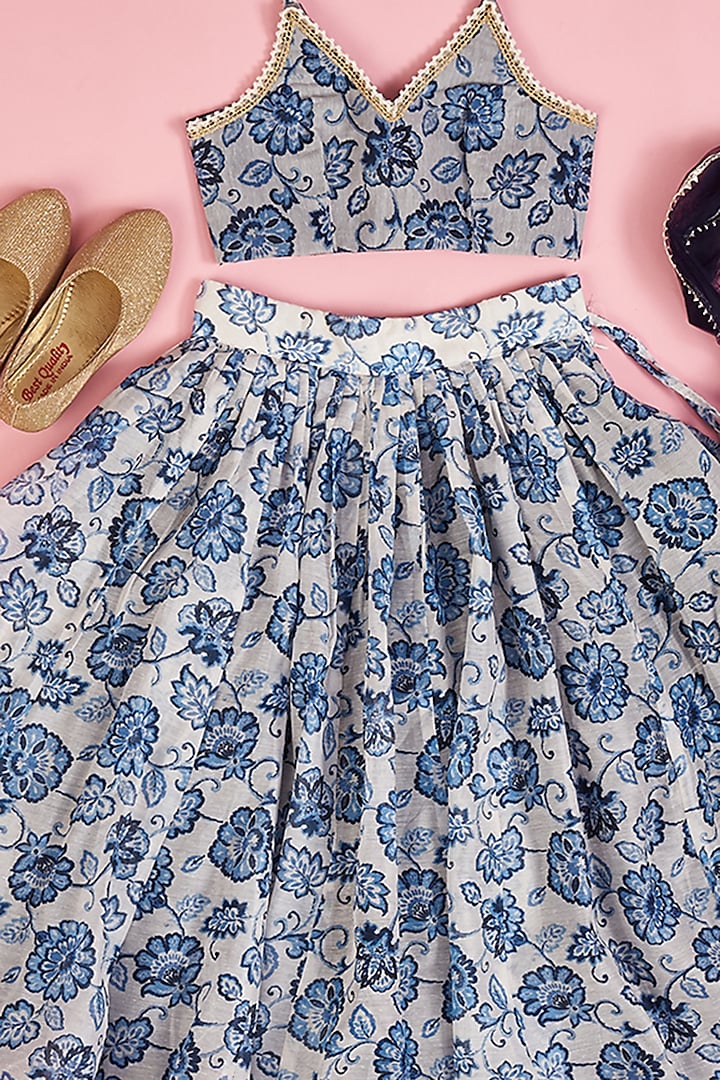 Powder Blue Chanderi Floral Printed Lehenga Set for Girls by Yuvrani Jaipur Kidswear at Pernia's Pop Up Shop
