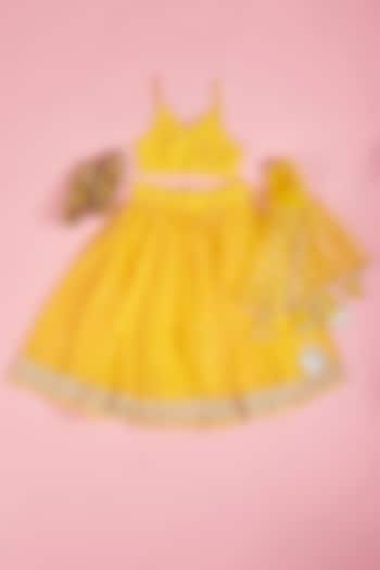 Yellow Chanderi Floral Printed Bandhej Lehenga Set for Girls by Yuvrani Jaipur Kidswear